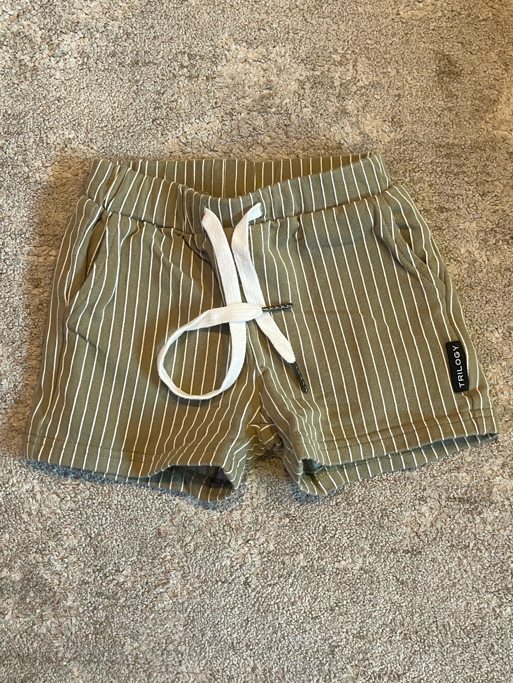 Olive Green Pinstripe Kids Drawstring Shorts
